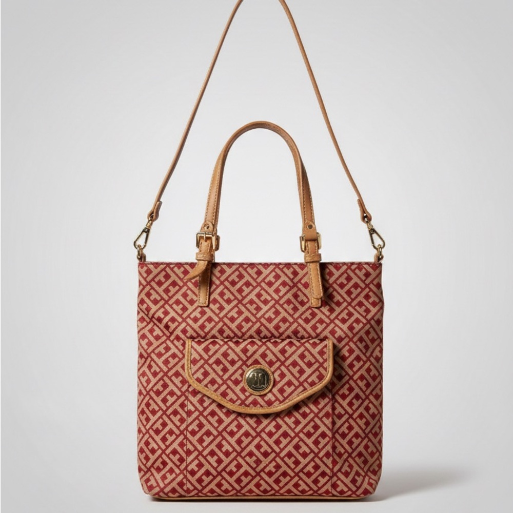 Tommy Hilfiger Monogram Jacquard Tote Bag – Red & Tan Crossbody